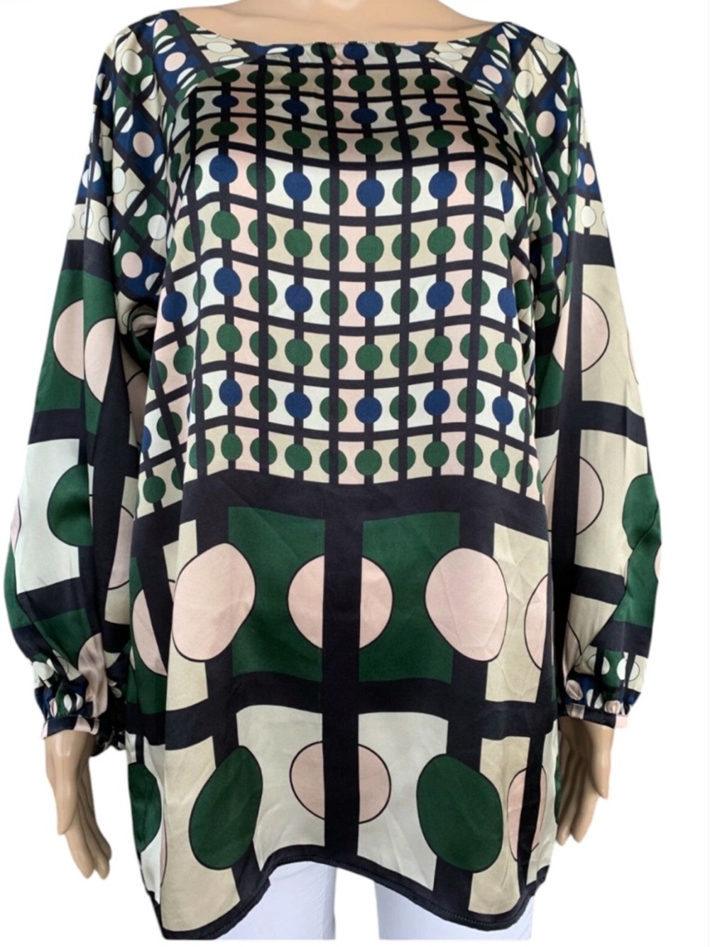 Piazza Sempione 100% Silk Blouse in Navy, Olive & Cream Sz IT-48 (XL)